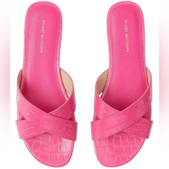 Stuart Weitzman Roza Flat Slide Sandal Pink Croc Embossed Leather 10.5 - Picture 1 of 13